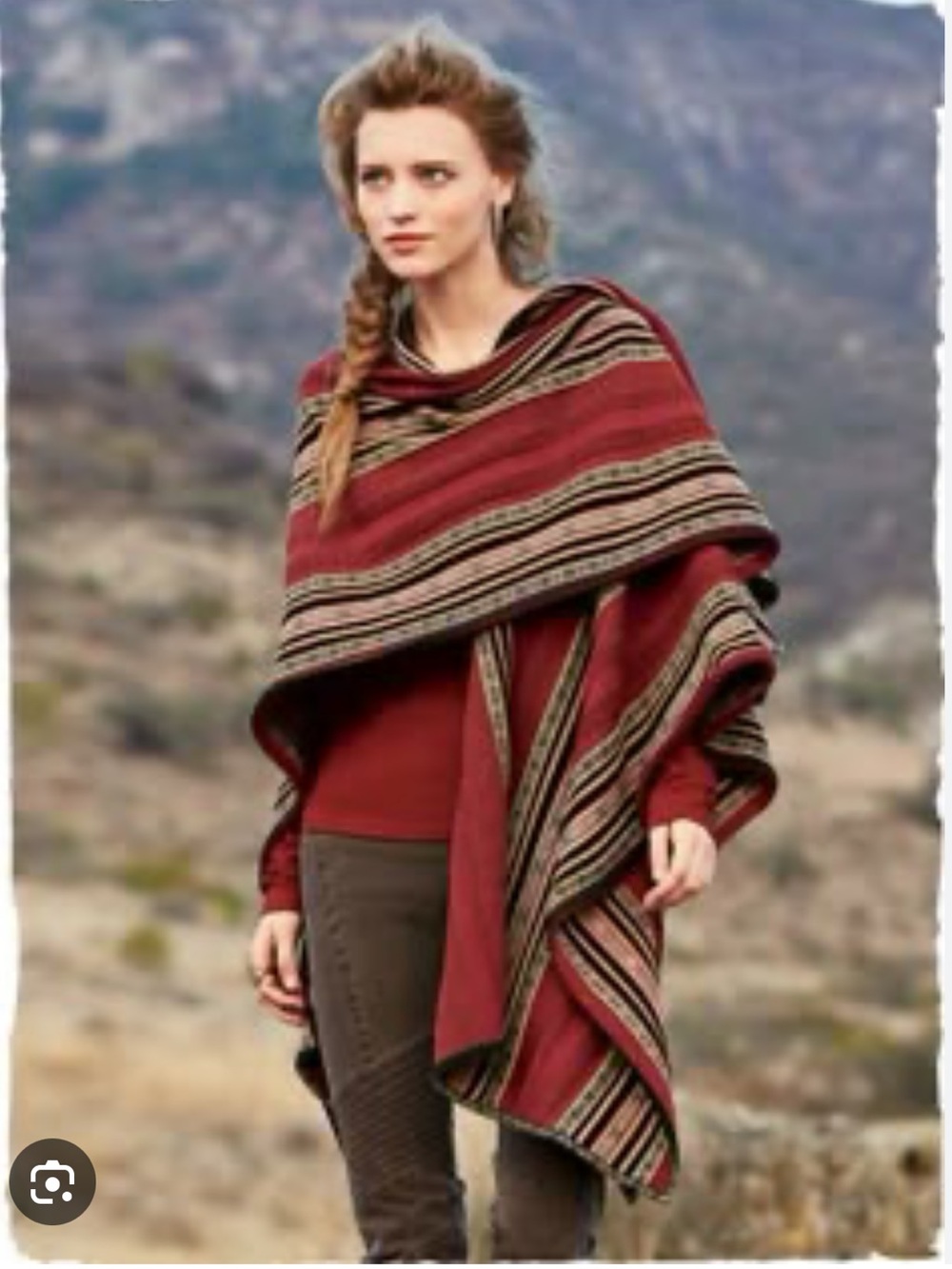 Striped Open Front Poncho in Deep Red and Rust